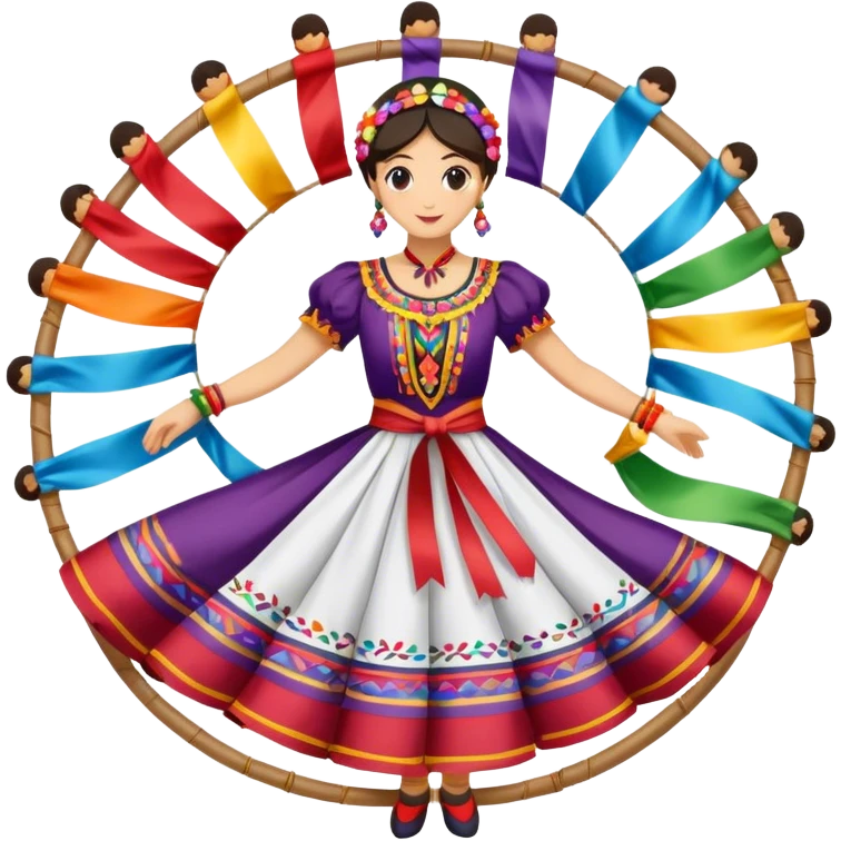 Icon for Folk Dance: close-up traditional dance dress, shoes, colorful folk costumes and a dance circle with ribbons. The icon should represent the vibrant and cultural aspects of folk dancing. Transparent background. emoji