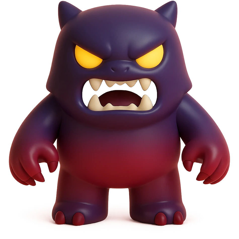 angry monster with sharp claws, glowing eyes, fierce snarl, dark purple and red palette emoji