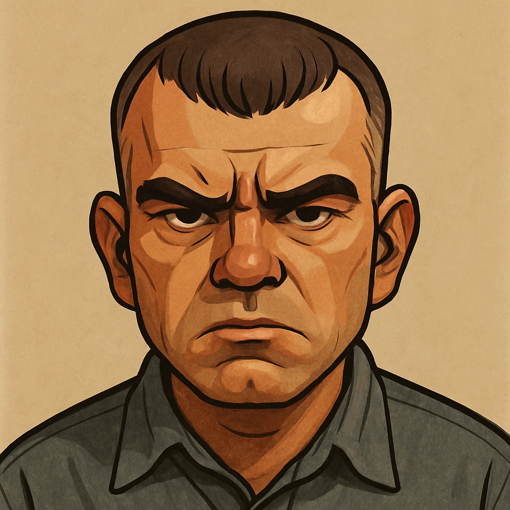 close-up face of Carl from Sling Blade, furrowed brow, iconic haircut, stylized character, neutral background emoji