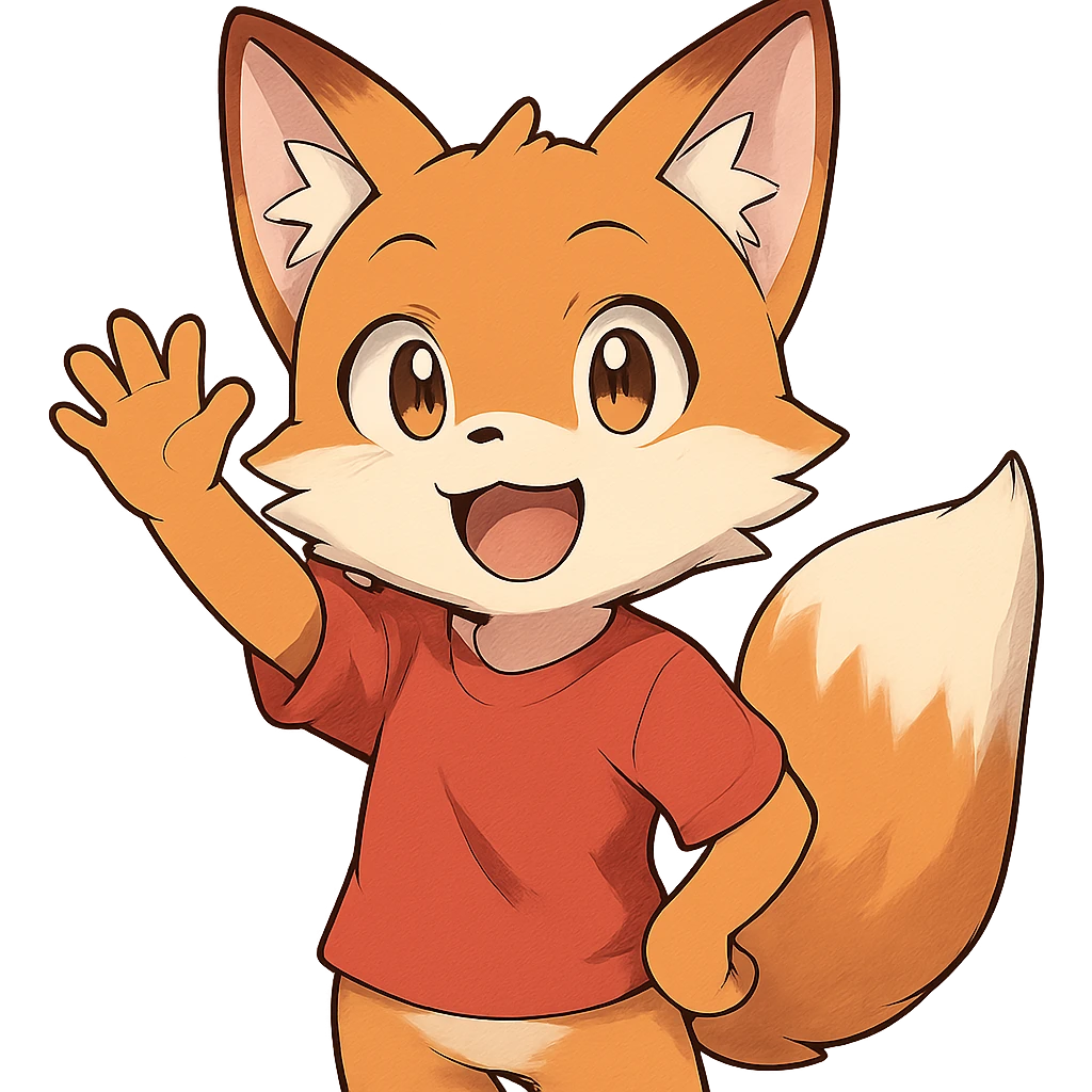 anime style fox character, cheerful, waving hello emoji