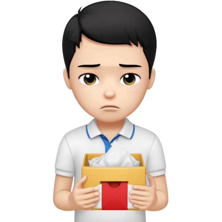 generate a pretty bratz boy with black hair, wearing a white polo shirt. Looking sad, holding a box of tissues emoji
