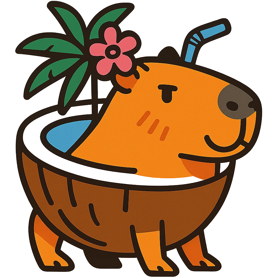 tropical and fun capybara merged with a half coconut emoji