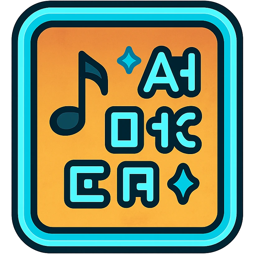 icono de letras de canciones con textura antigua-futurista y glifos brillantes, borde de neón azul claro, efecto animado de glifos y resplandor emoji