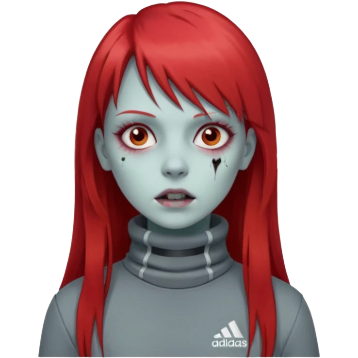 Crie um emoji de uma menina zumbi  com o cabelo vermelho longo com uma franja reta casaco de gola alta da adidas emoji
