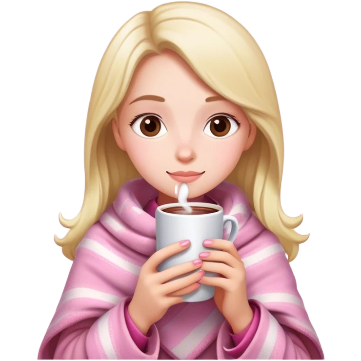 Girl wearing pink blanket drinking hot chocolate  emoji