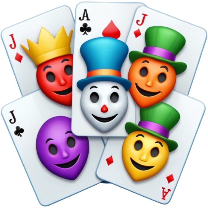 bunch of 3 poker cards, with crazy colorful jolly jokers inside emoji