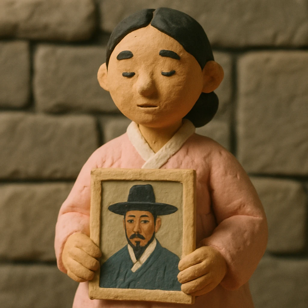 a young woman in a pale pink, sheer hanbok holding a traditional Korean portrait in front of a grey stone wall, claymation style emoji