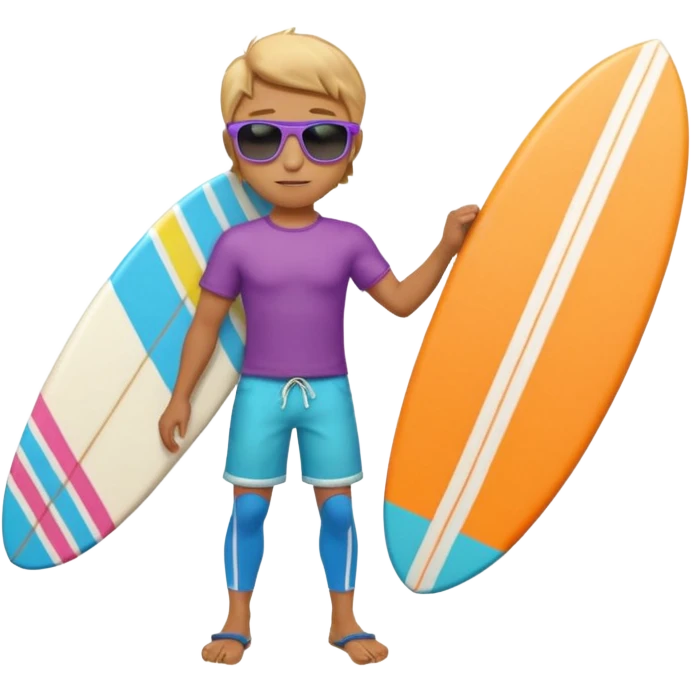 cute male surfer riding a wave, wearing shorts, sunglasses, holding balance, colorful surfboard, 3D cartoon, mobile game icon, clean background, no text emoji