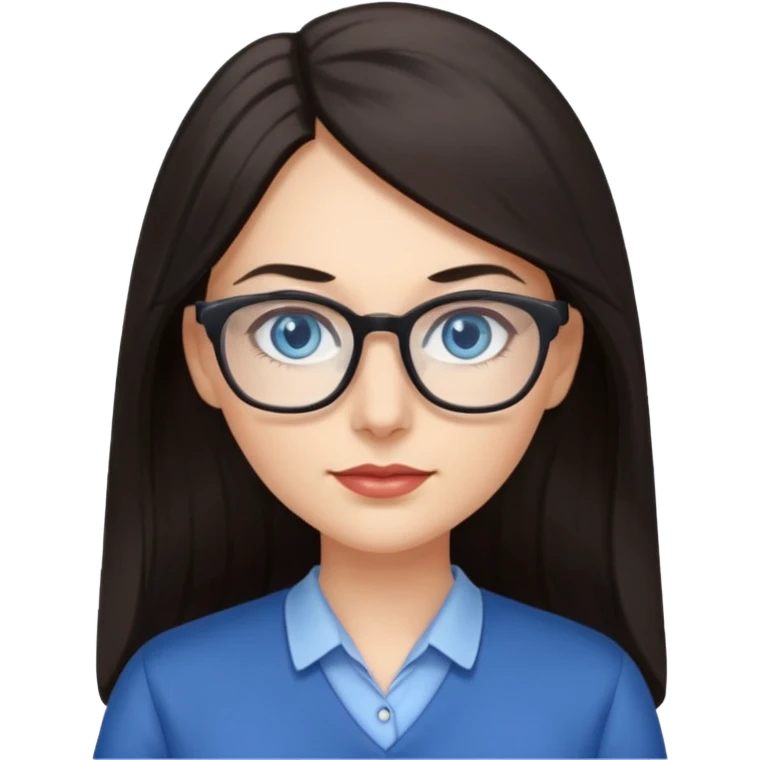 long dark hair, blue eyes, glasses teacher female, eyelashes emoji