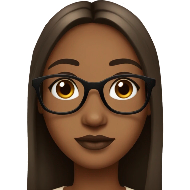 Girl with tiny bit dark skin, makeup, lashes, brown lip liner and lipgloss, black glasses, brown straight long hair emoji