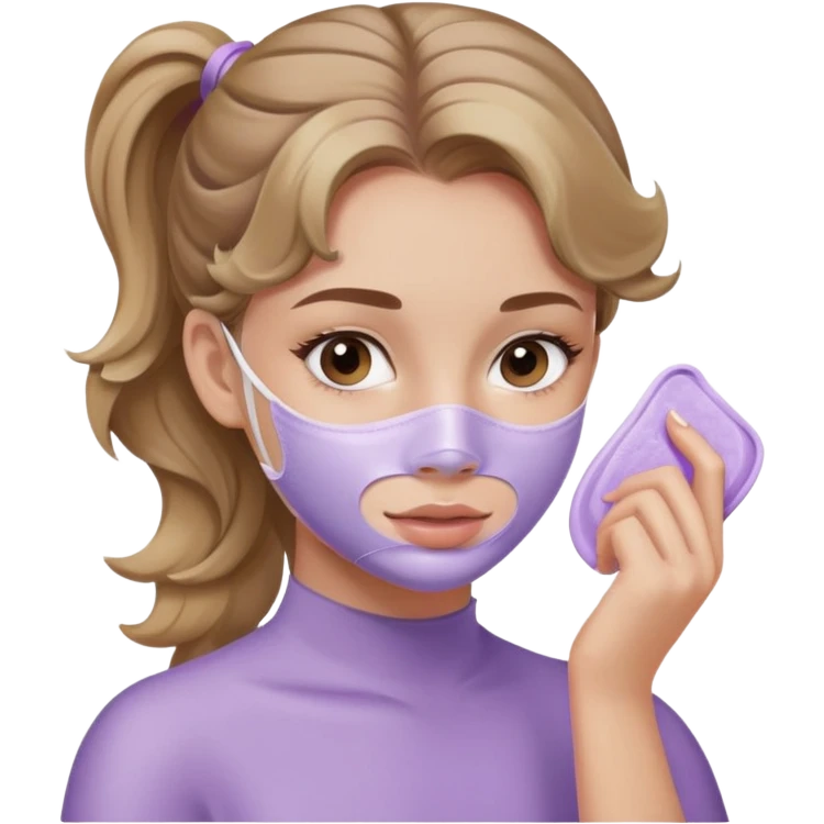 girl with wavy dark blonde hair one ponytail applying lilac skincare mask emoji