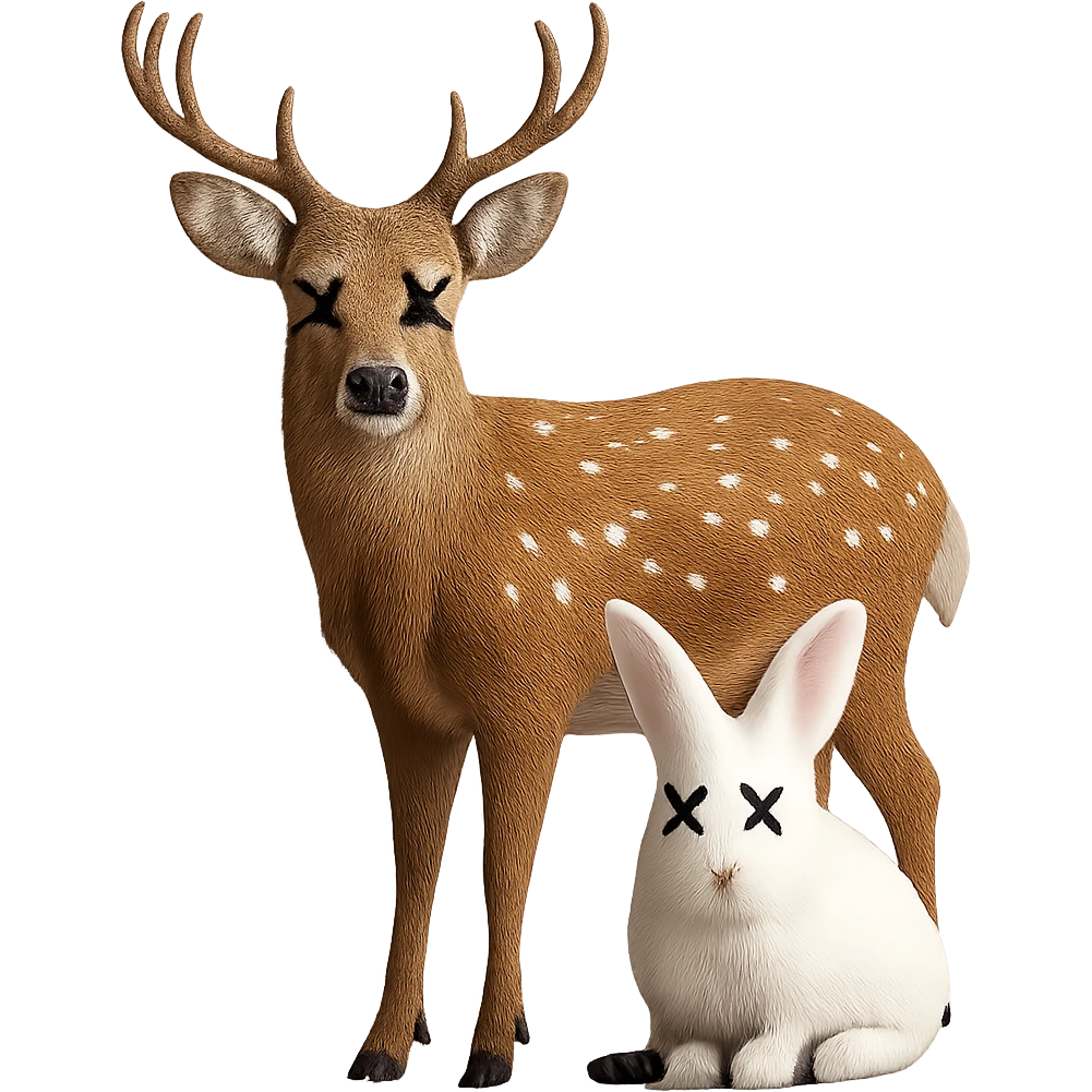 Add cartoon X's to the eyes, matching the style and position of the X's on the deer. Make sure all X's are identical and keep the background transparent. Do not change anything else. emoji