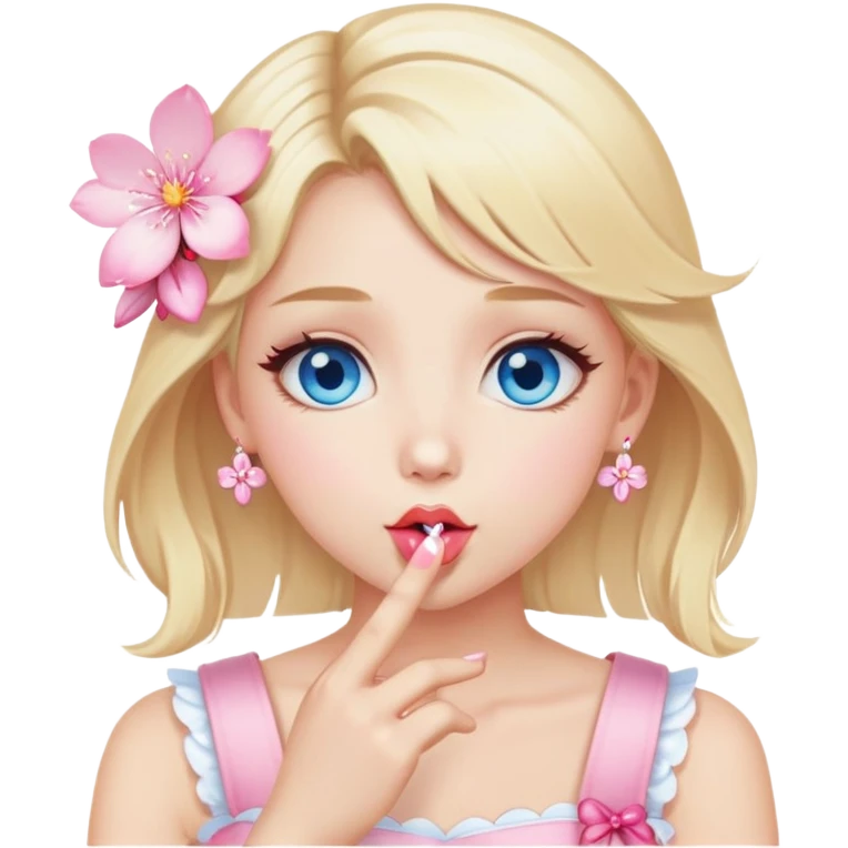 Girl with blond hair and sakura accessories on her hair have blue eyes beautiful finish and she sending lovely kisses  emoji