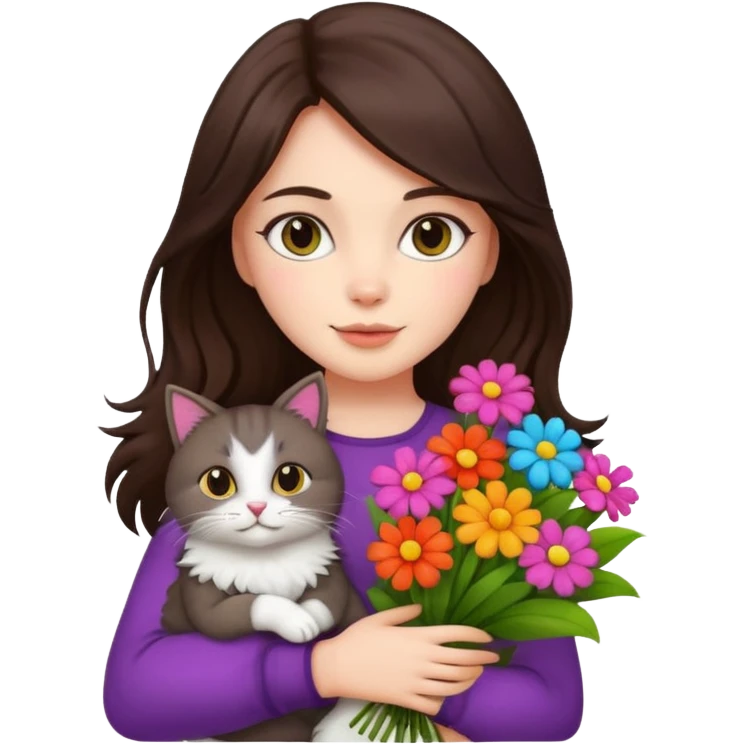 brunette woman holding bouqet and cat emoji
