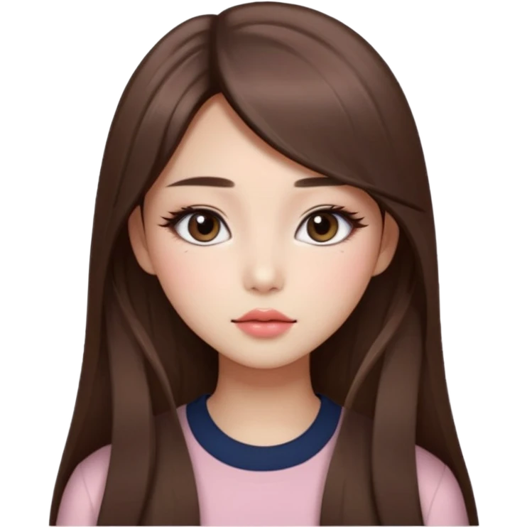 “korean straight long brown hair Emoji girl, soft eyeliner and blush, gradient lips, light brown shimmer eyeshadow emoji