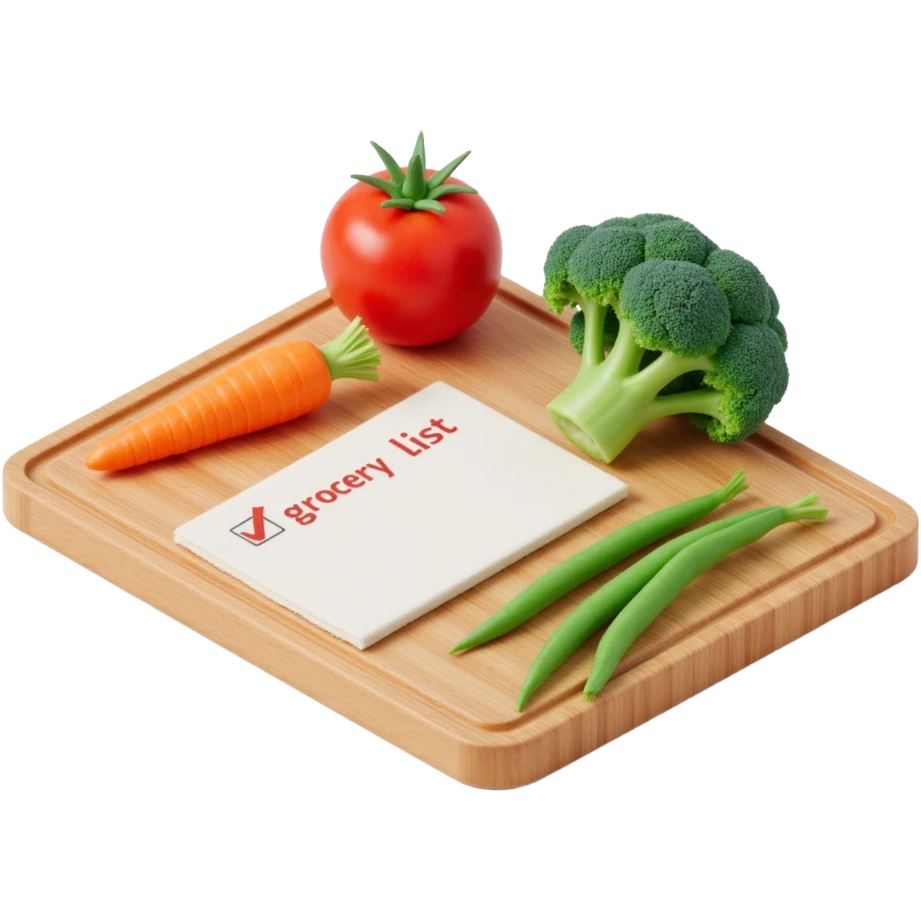 "3D isometric illustration of a wooden cutting board with fresh vegetables (carrot, broccoli, tomato, peas), a paper grocery list with checkboxes, soft lighting, realistic textures, floating shadows, minimalistic style, dark background, modern food planning app aesthetic emoji