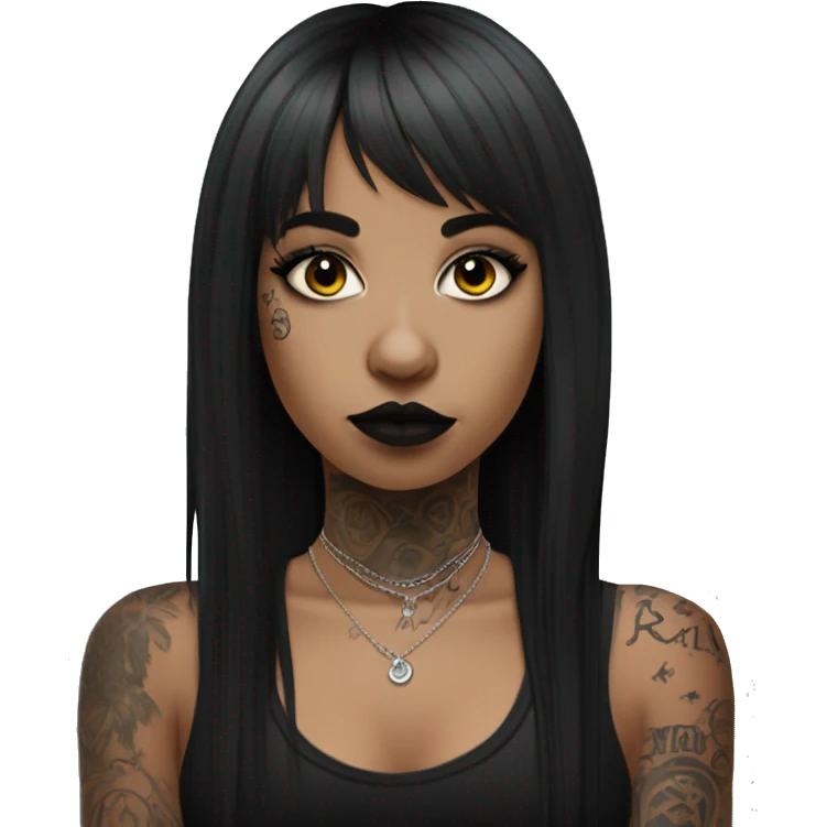 Latina goth girl with a nose ring, long hair, bangs and arm tattoos  emoji