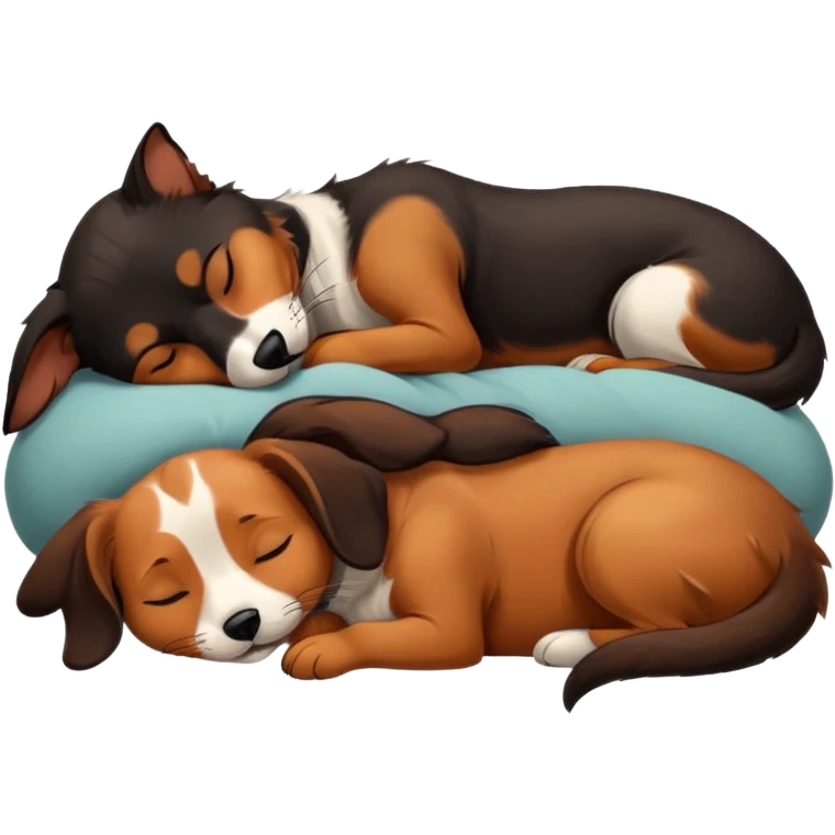 Calico cat with black nose sleeping near a black and brown nose dachshund dog     emoji