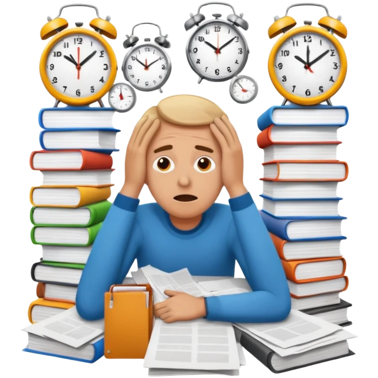 overwhelmed person surrounded by stacks of papers and clocks, drowning in routine and monotonous tasks, expressive and vibrant emoji