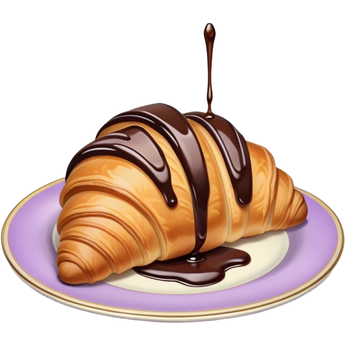 There's a croissant with chocolate syrup in a vintage pale purple plate. emoji