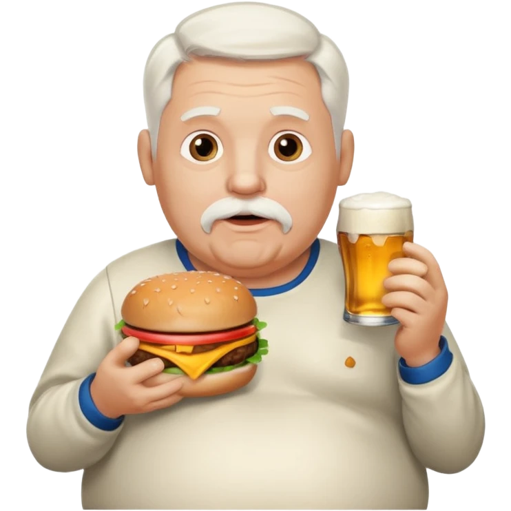 Old white male with white hair with a goatee and beer belly eating a hamburger  emoji