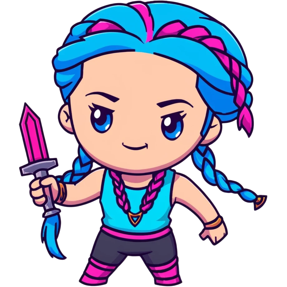 Jinx from League of Legends with long blue braids, pink eyes, and weapons emoji