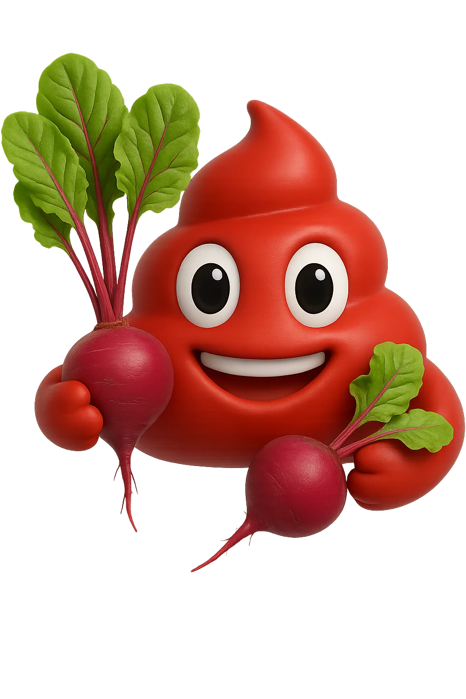 emoji stile iphone 3d di una cacca rossa con barbabietole in mano, iperrealistiche 4k emoji