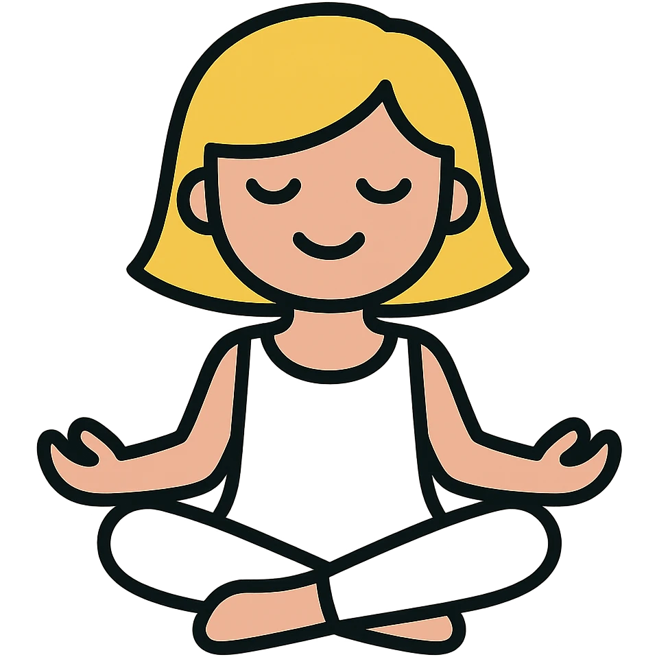 a blonde girl with a short haircut in a white dress sitting in a lotus position and meditating with a background emoji