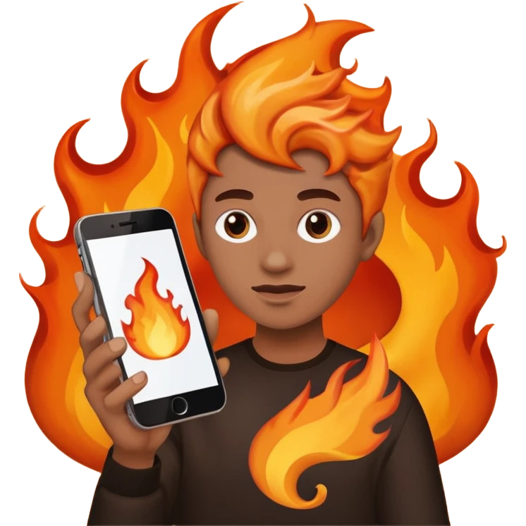 una  fuego que tenga en la mano un telefono emoji