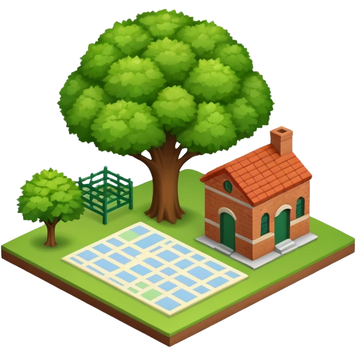 An icon featuring a local map, and regional landmarks, symbolizing local gardening. The design includes a tree, and 1 building, representing the unique geography and culture of a specific area. Transparent background highlights the exploration of local history and environment. emoji
