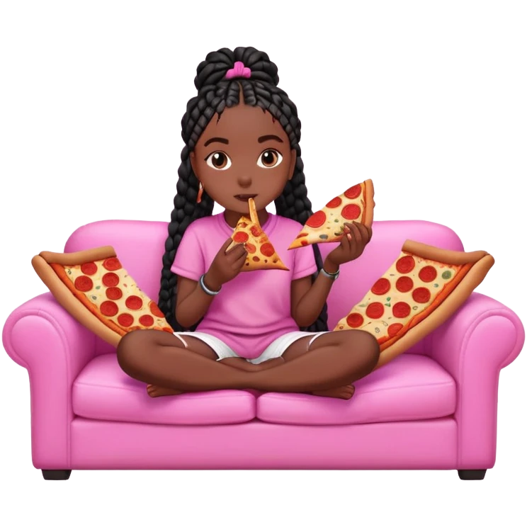 A dark skinned black girl with black box braids with pizza, on a pink couch in comfy outfit emoji