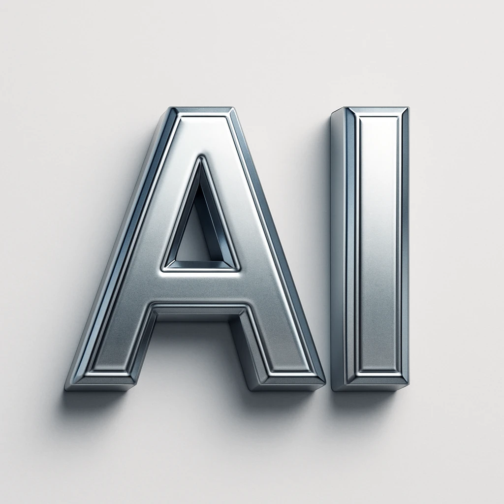 letters 'AI' in a 3D metallic style, silver and futuristic, with a slight shadow emoji