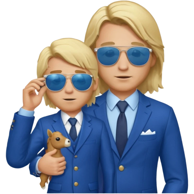A blond man in a blue suit with a Colt pointing forward. The audience , and long hair and san glasses emoji