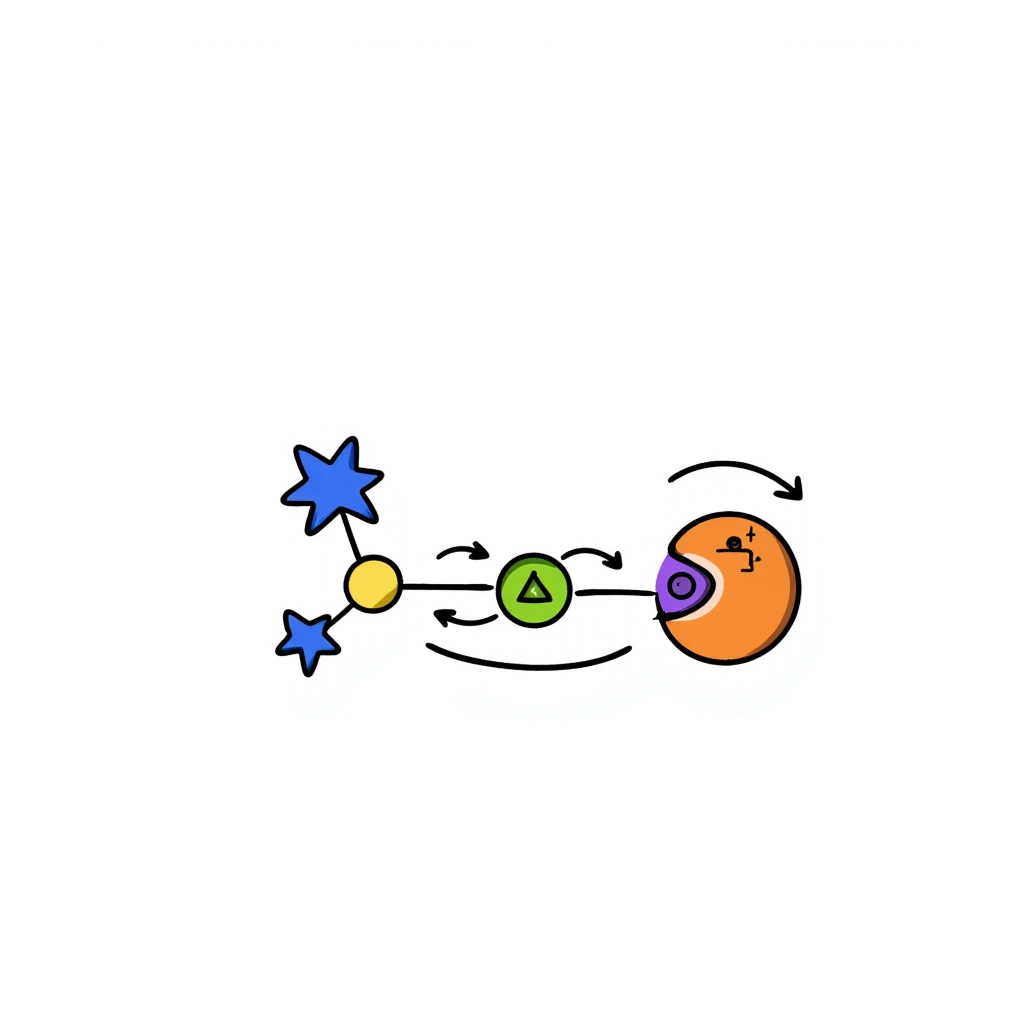 Hormone action diagram: blue starred hormone molecule binding to yellow receptor on purple cell membrane, triggering green signaling cascade inside orange cell. Hand-drawn anatomical illustration with arrows showing signal pathway and resulting cellular changes. emoji