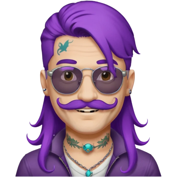 long purple haired man, mustached and face tattoes, handsome, sunglassess wearing emoji