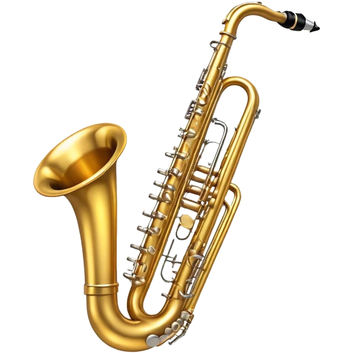 Create a dynamic and vibrant emoji representing a collection of wind instruments. The design should feature a variety of classic wind instruments, including a trumpet, saxophone, clarinet, flute, and trombone, arranged in an artistic and harmonious way. Each instrument should be detailed with its unique features, such as the shiny brass of the trumpet, the sleek keys of the clarinet, and the elegant curves of the saxophone. Add subtle musical notes or soundwaves flowing around the instruments to represent the collective music they create. Use warm metallic tones like gold, silver, and brass, along with deep wood tones for the wooden instruments, to evoke the rich, diverse sounds of wind instruments. The background should be transparent. emoji