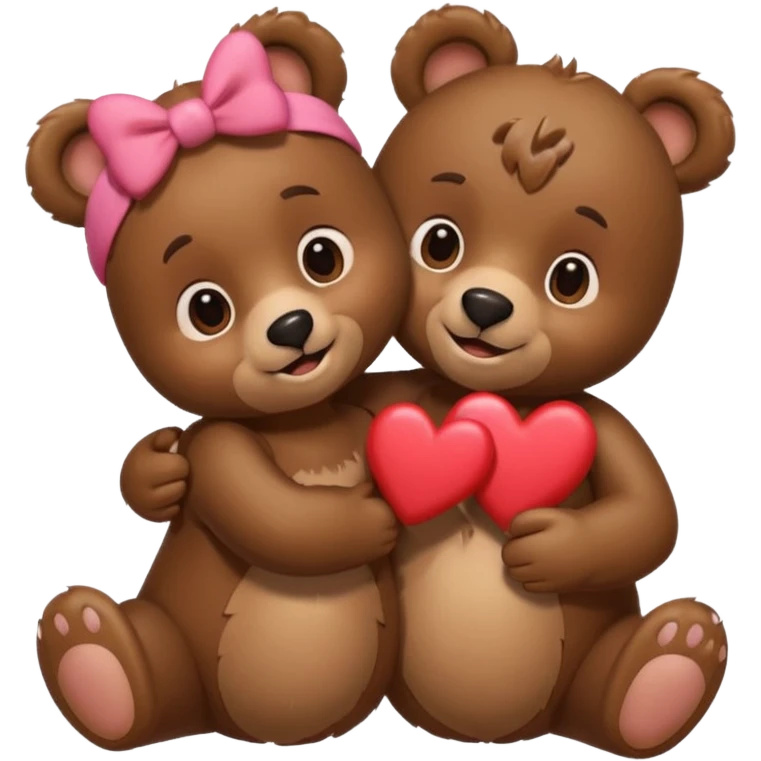 female bear with bow on her head and male bear hugging, couple, surrounded by hearts, playful and loving, cute, same height  emoji