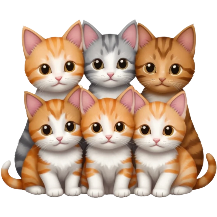 6 tiny kittens cuddling together all different colours, the first one is grey and white, the second is ginger and white and the third is brown tabby and white emoji