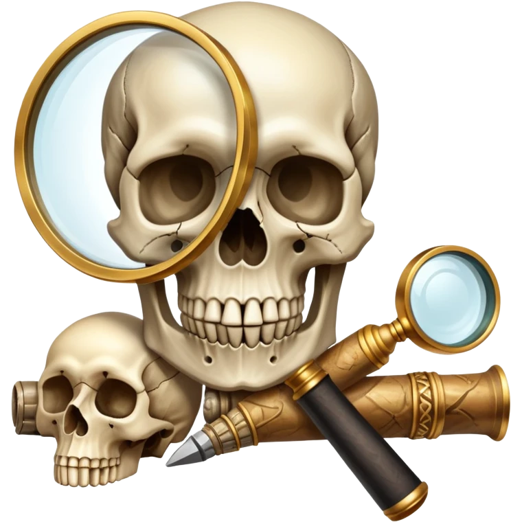 An icon showing a skull and ancient artifacts, representing anthropology. The design features a magnifying glass examining bones, fossils, and cultural symbols, symbolizing the study of human evolution and societies. Transparent background emphasizes the academic and exploratory nature. emoji