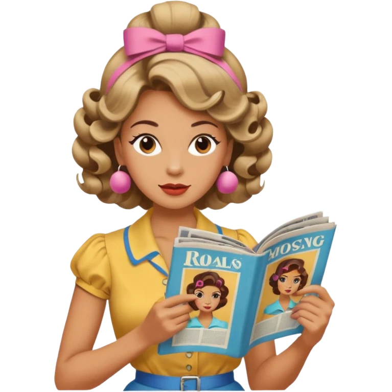 mujer en la peluquería con rulos en la cabeza y leyendo una revista, estilo vintage emoji