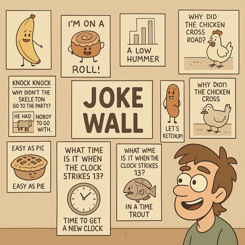 flat toon style wall of jokes, a western adult animation cartoon style scene of a wall covered with various humorous illustrations and jokes emoji