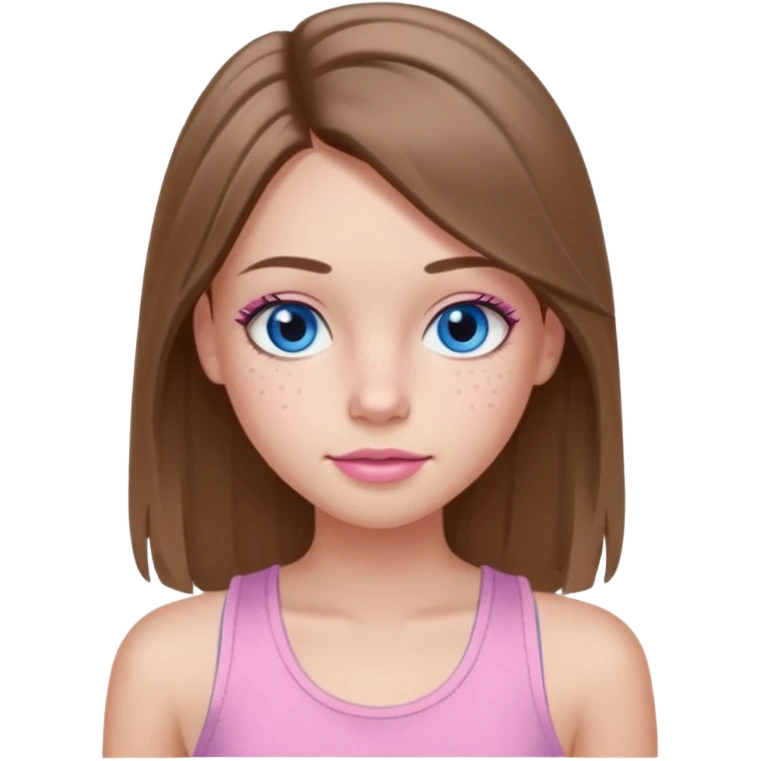 Create a TEENAGE girl with LONG and straight light brunette hair with a MIDDLE PART, light skin, light freckles, and blue-gray eyes. She will have pink lips and LONG eyelashes. She will be wearing a light pink tank top emoji