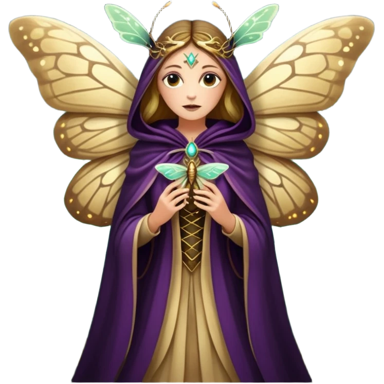 mystical woodland woman dressed as moth queen, velvet wing cloak, glowing dust emoji