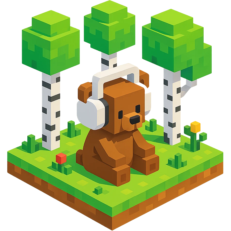 березовый лес, в котором сидит бурый медвежонок в белых наушниках (наушники должны закрывать уши медведя), no background  emoji