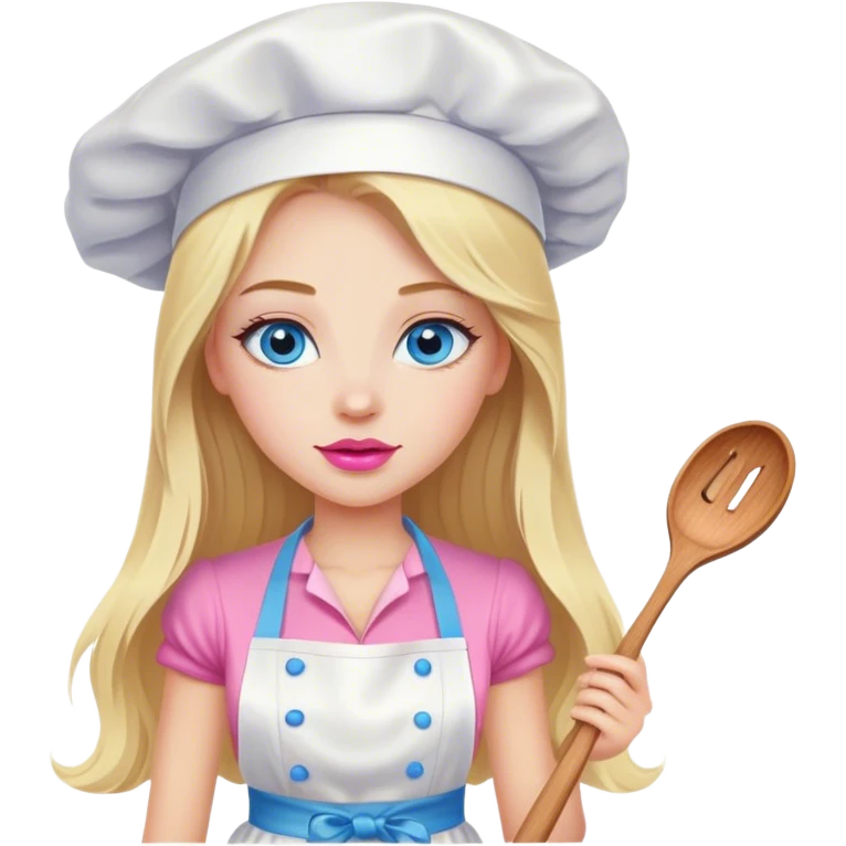 Cinematic realistic beautiful blonde with long hair, blue eyes and pink lips in a white dress cooks emoji