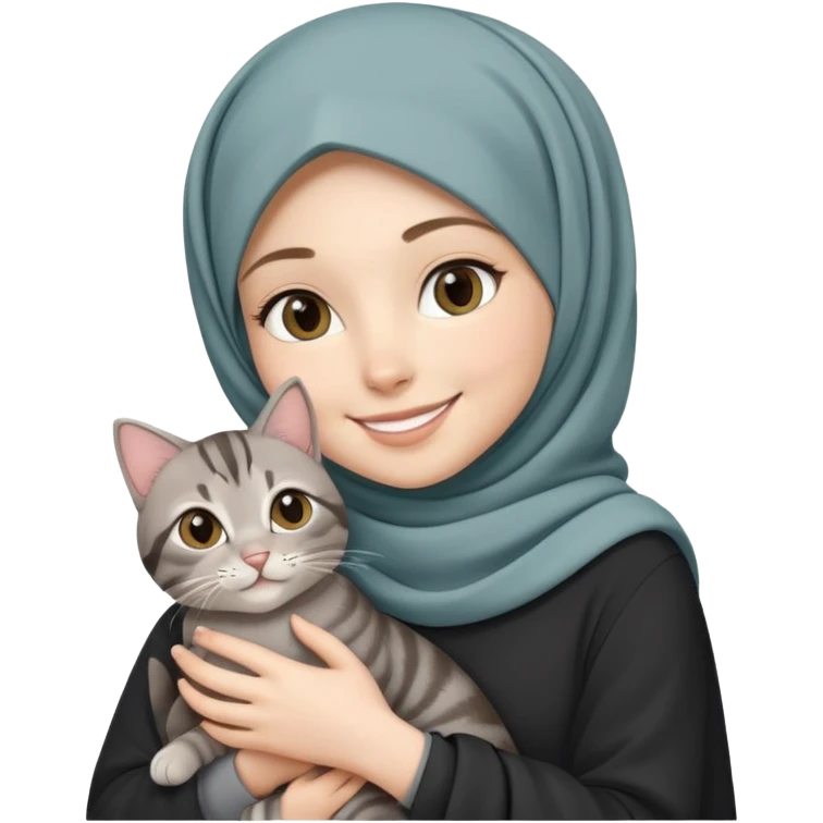 White girl wearing hijab smiling while holding a black grey tabby cat emoji