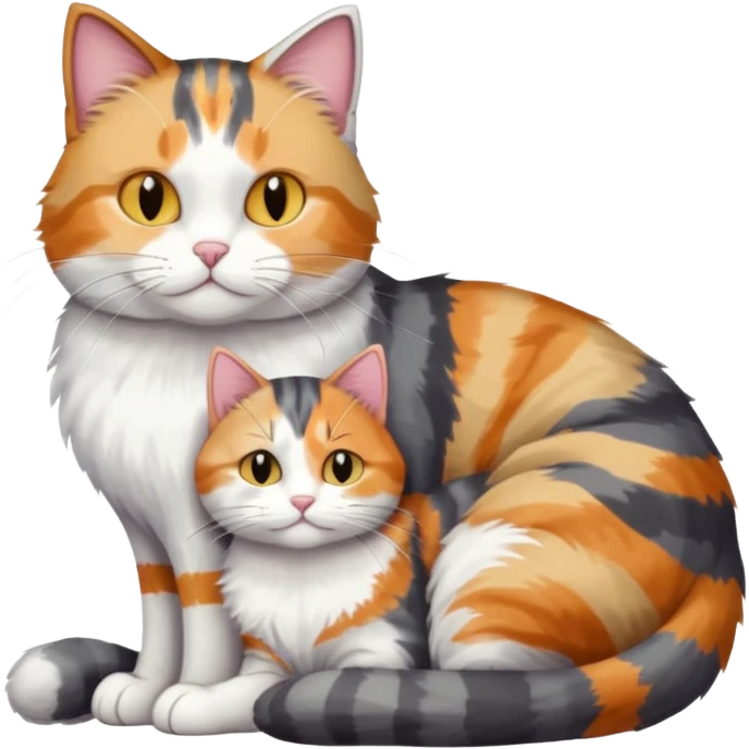 full body colourful light patched calico + white tabby cat cuddling a large grey and white cat  emoji