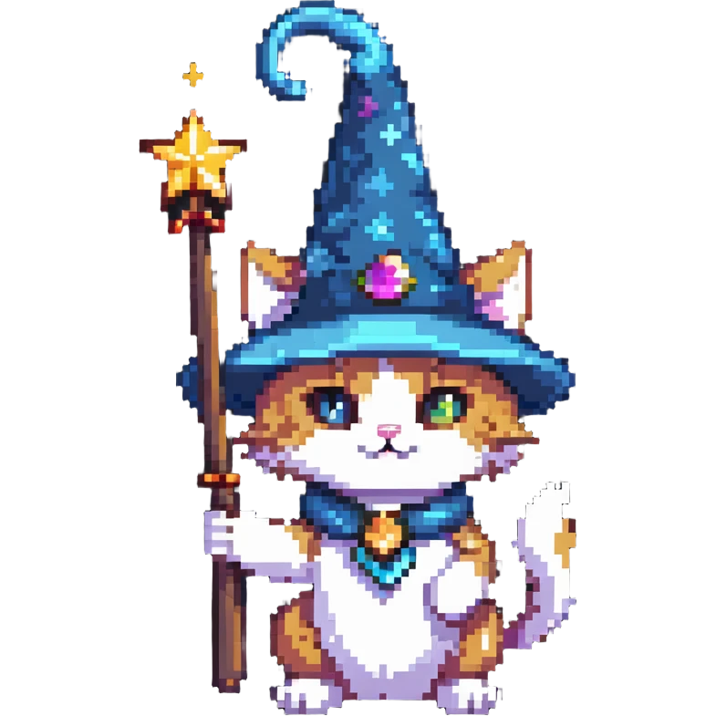 wizard cat with a pointy hat and magic wand emoji