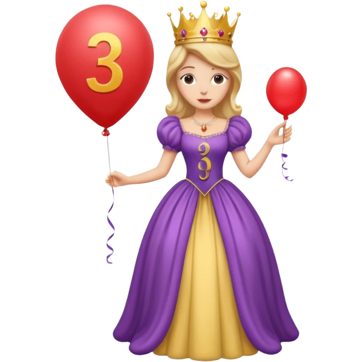 queen wearing dress, holding balloon in shape of number 3 emoji