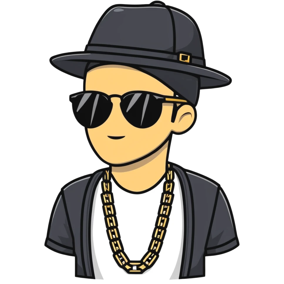man with black sunglasses, black hat, and gold chain emoji